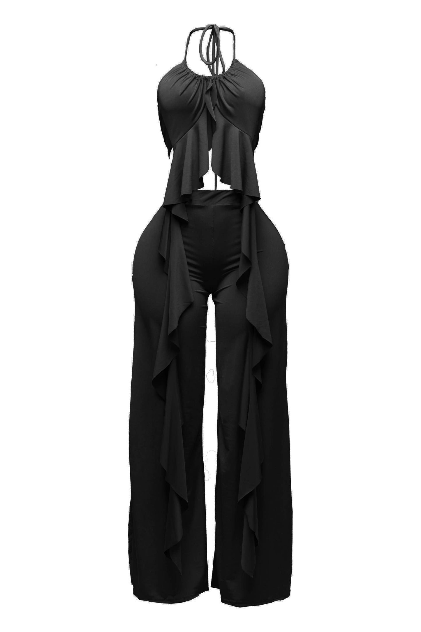 Ruffled top & pants set: TAUPE / L