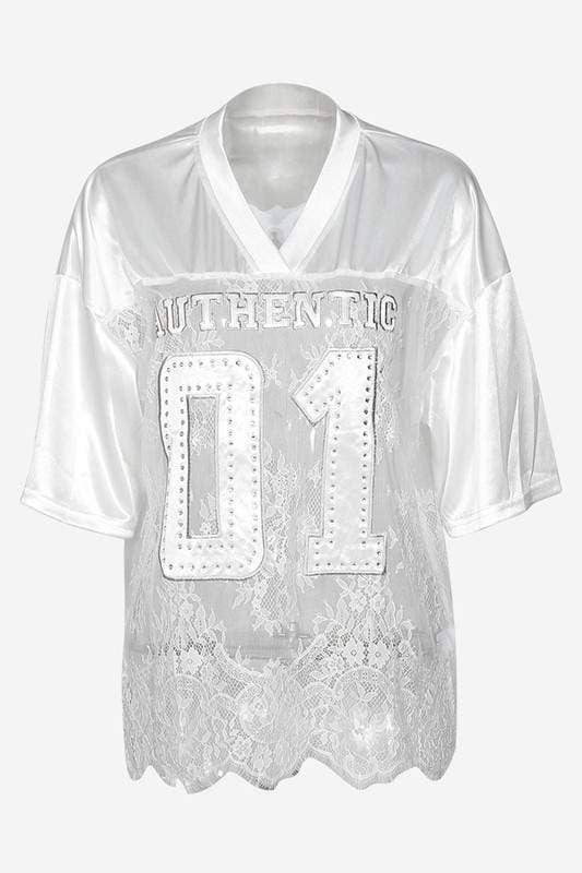 Rhinestone lace patchwork jersey