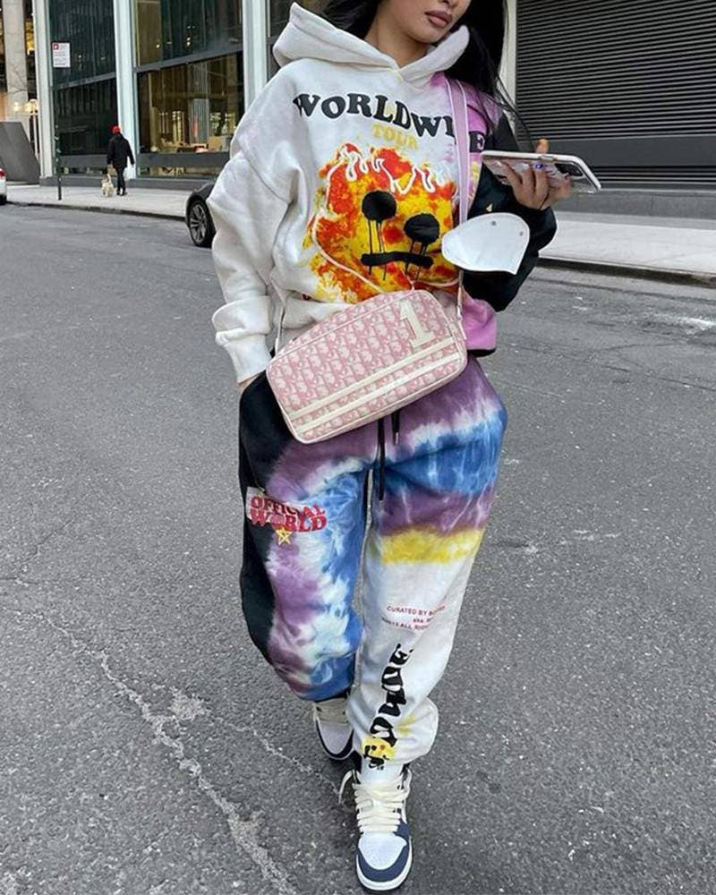 Velvet tie dye graphic print hoodie pants set