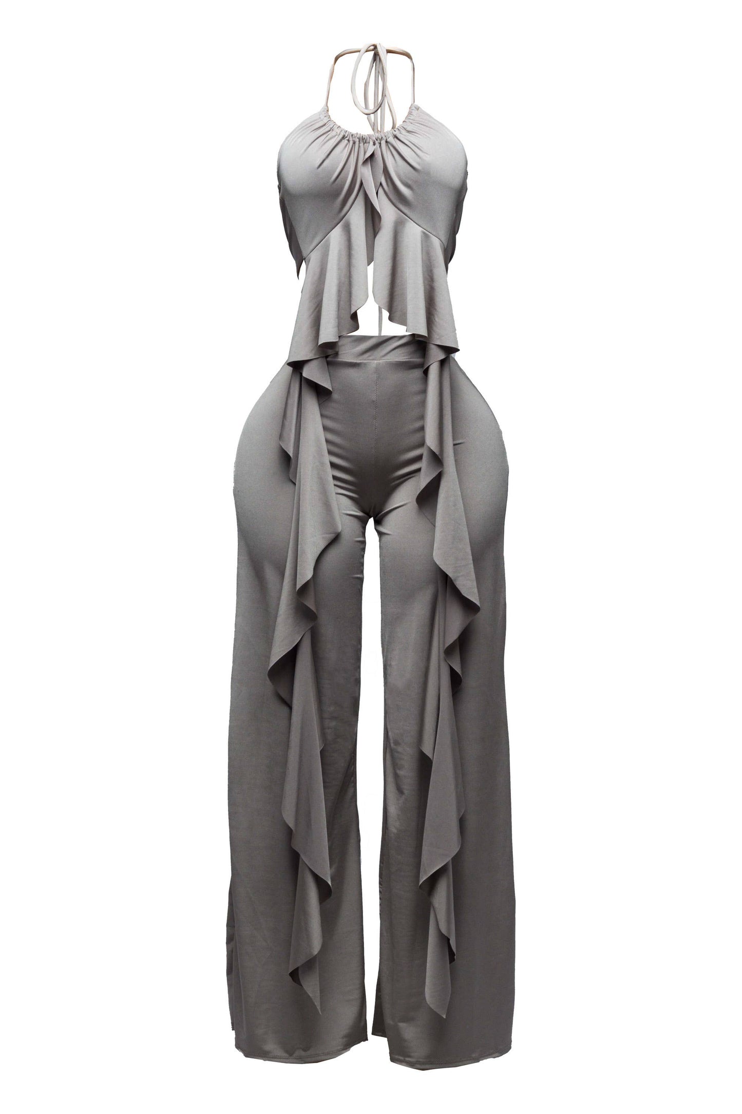 Ruffled top & pants set: TAUPE / M
