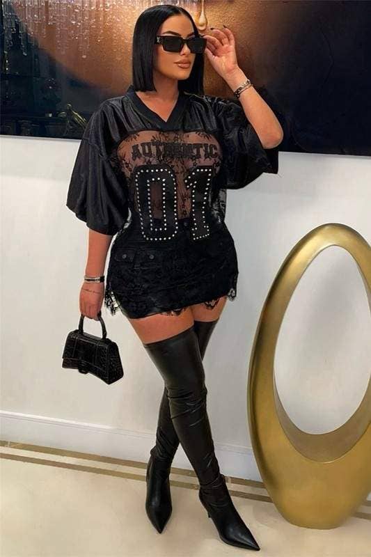 Rhinestone lace patchwork jersey