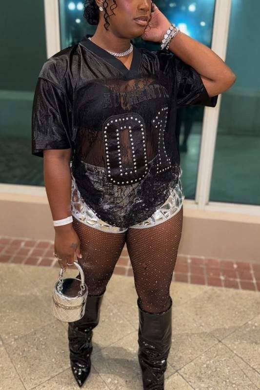 Rhinestone lace patchwork jersey