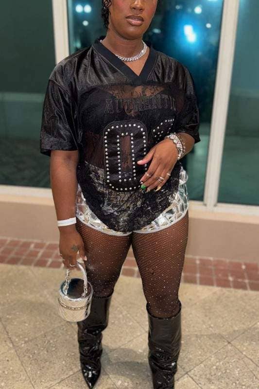 Rhinestone lace patchwork jersey