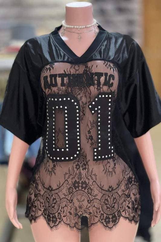 Rhinestone lace patchwork jersey