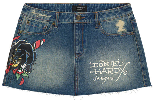 ED HARDY PANTHER DAGGER DENIM MINI SKIRT
