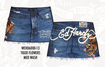 ED HARDY TIGER FLOWERS DENIM SKIRT (