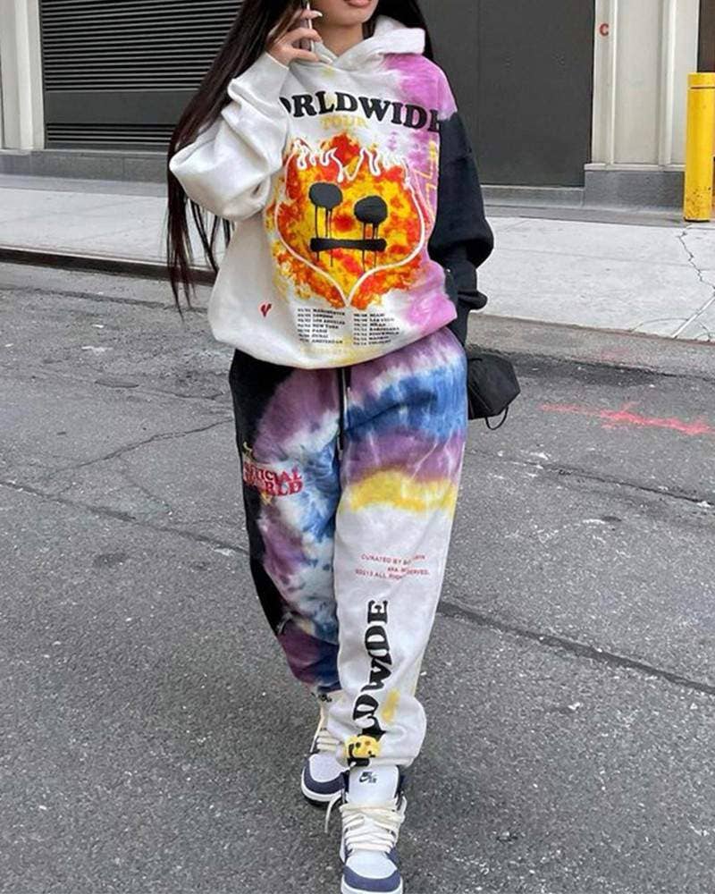 Velvet tie dye graphic print hoodie pants set