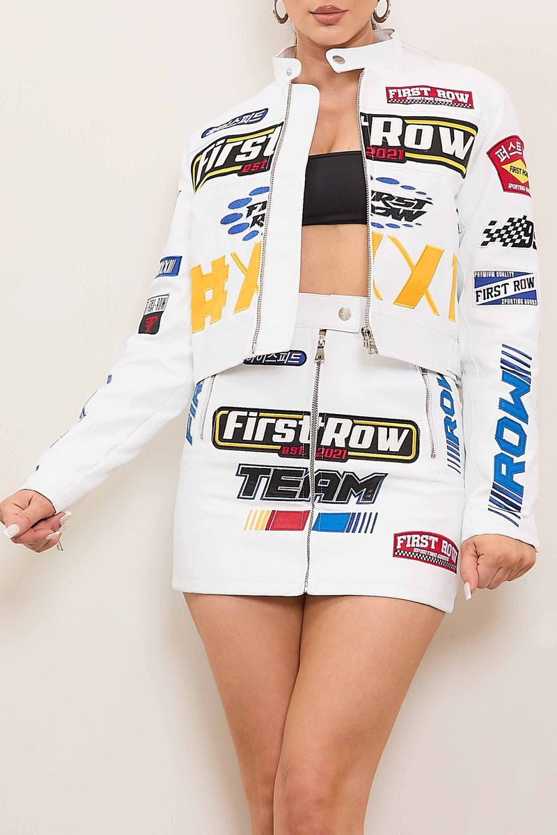 First Row White Leather Racer Jacket