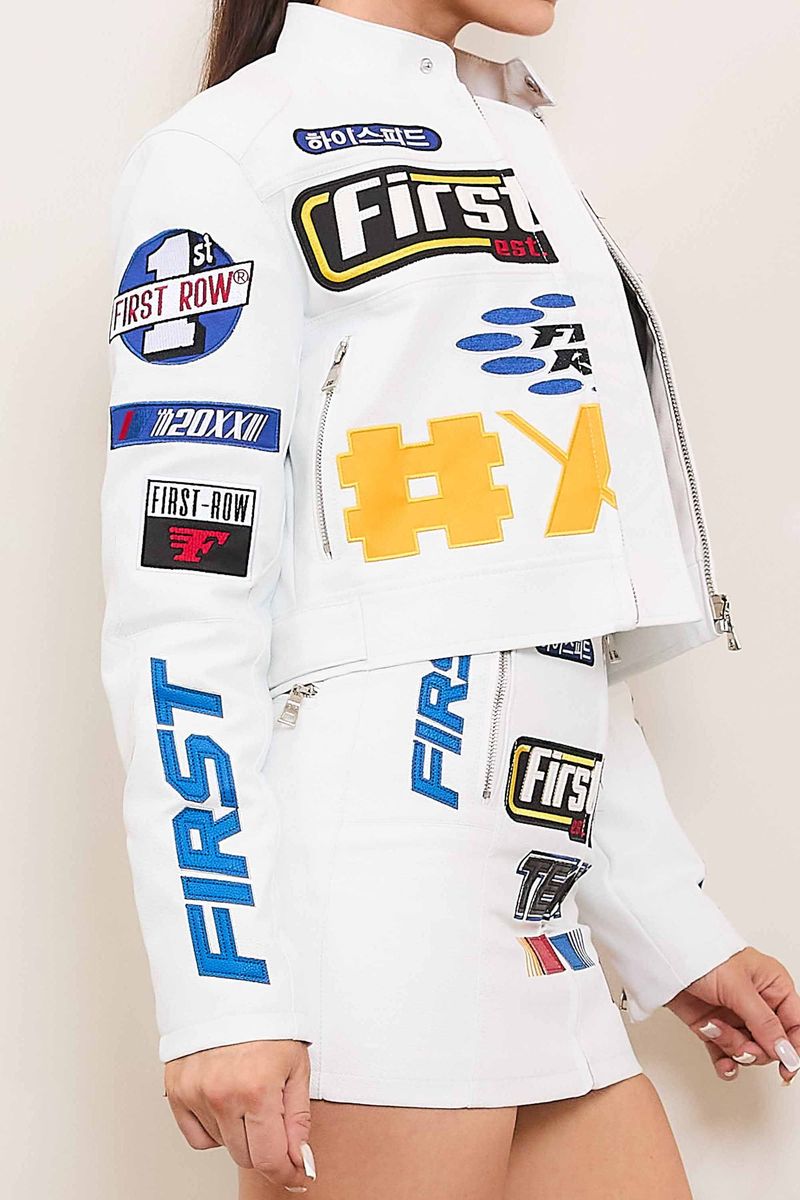 First Row White Leather Racer Jacket