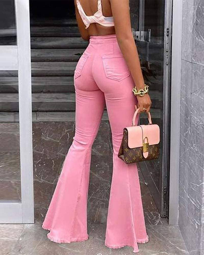 Stretch ripped raw hem flare leg skinny jeans pink