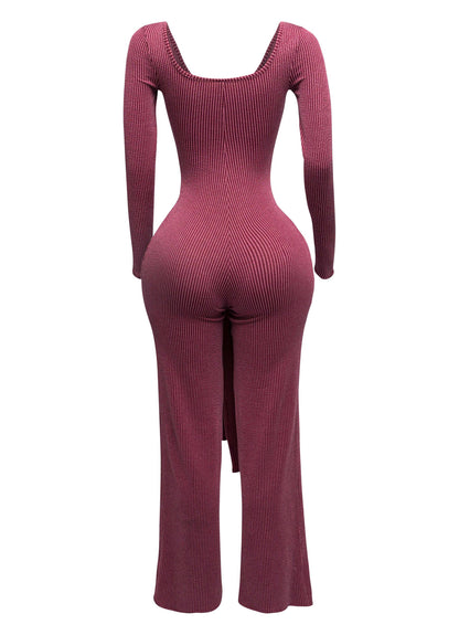 Plus Size Ribbed long sleeve jumpsuit with tie