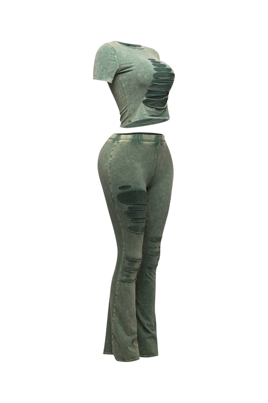 Mineral wash die cut detailed top and pants set: OLIVE