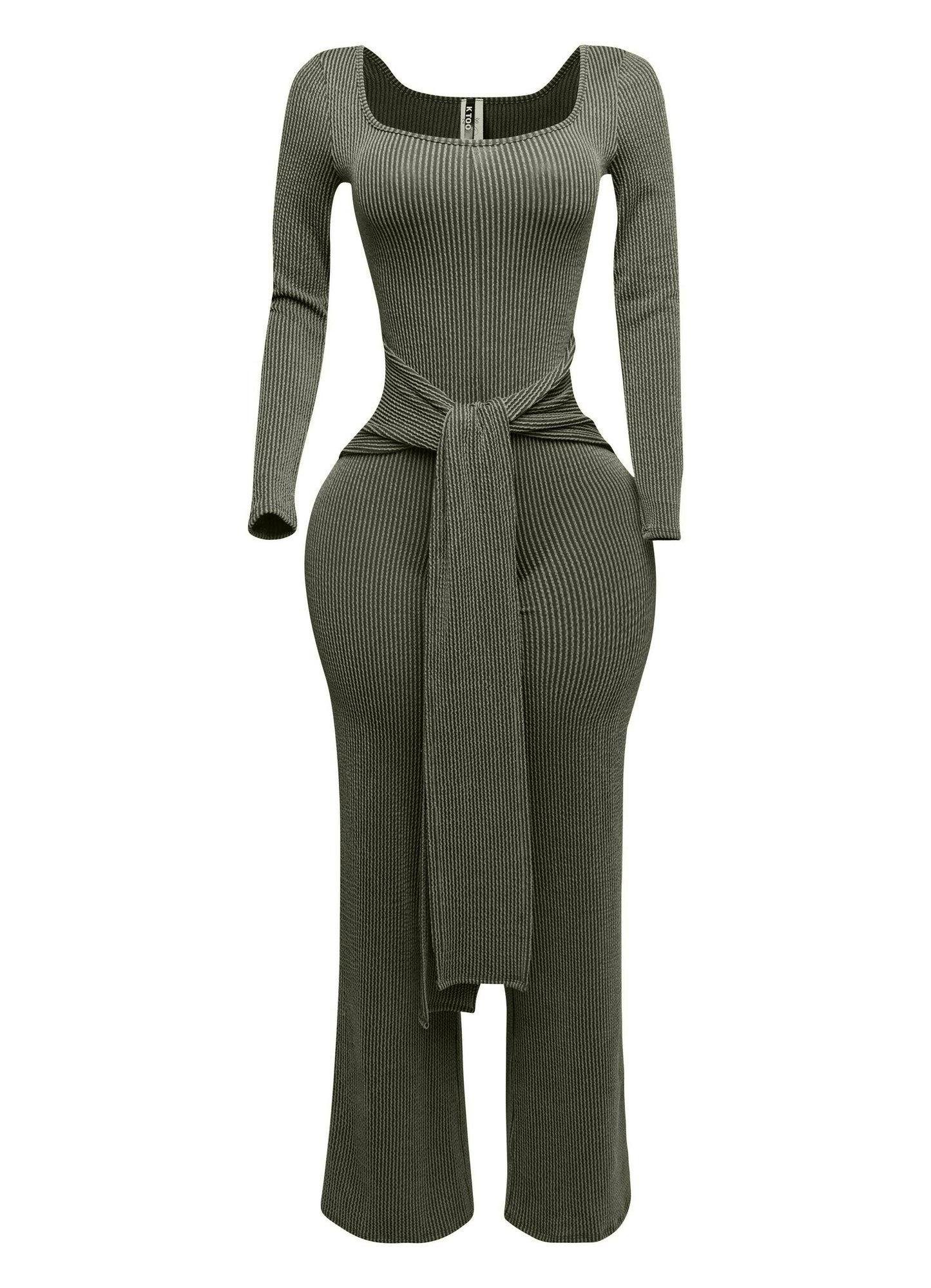 Plus Size Ribbed long sleeve jumpsuit with tie