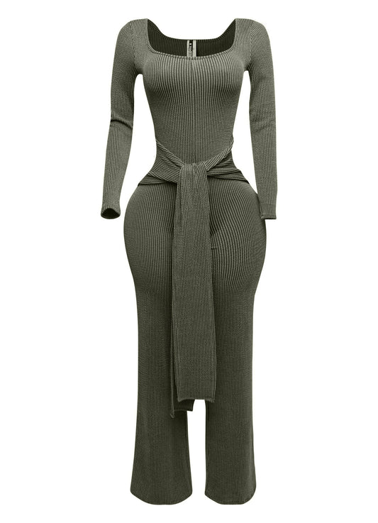 Plus Size Ribbed long sleeve jumpsuit with tie