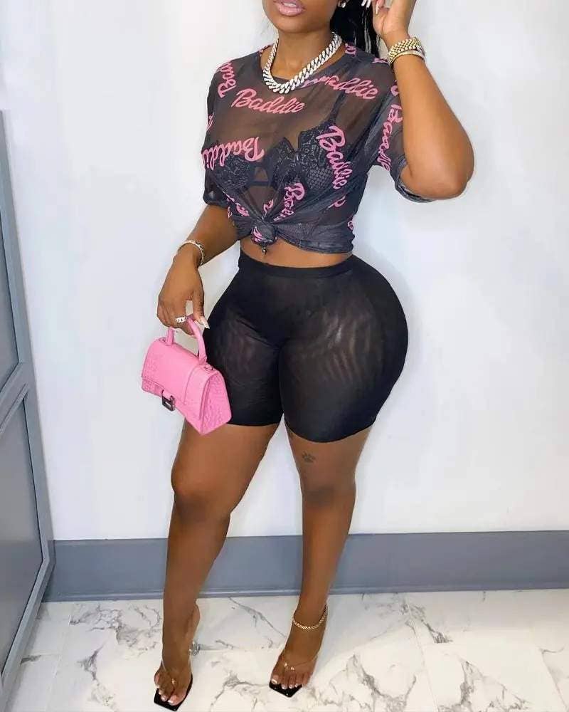 Letter print sheer mesh top shorts set