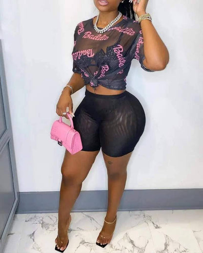 Letter print sheer mesh top shorts set