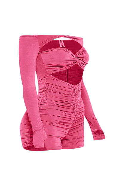 Off shoulder cut out front ruched romper
