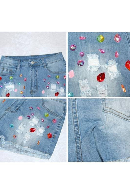 Color gem ripped denim shorts