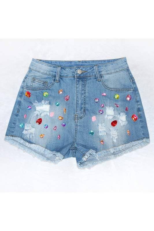 Color gem ripped denim shorts
