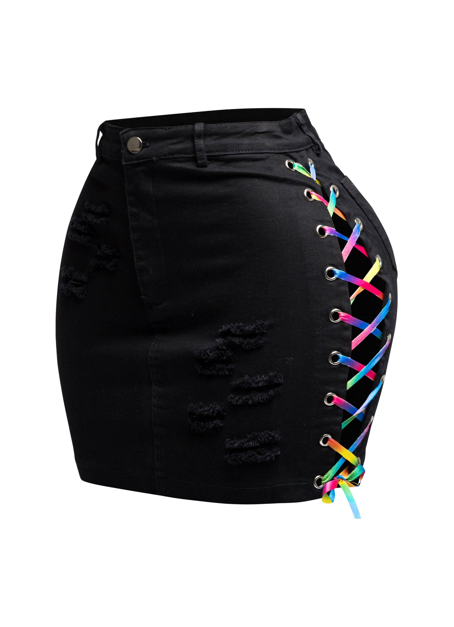 Distressed Denim Skirt With Rainbow Shoe Lace Up