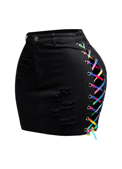 Distressed Denim Skirt With Rainbow Shoe Lace Up