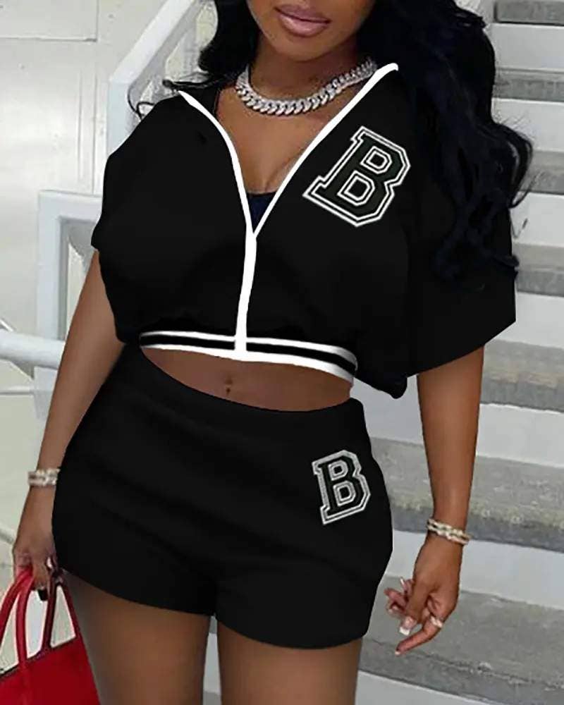 Letter print striped zipper design top shorts set black B