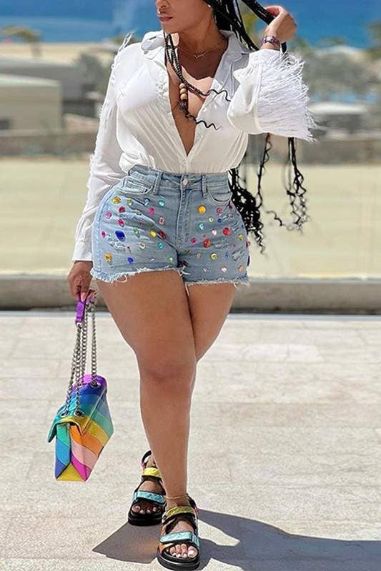 Color gem ripped denim shorts
