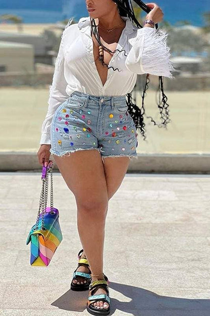 Color gem ripped denim shorts