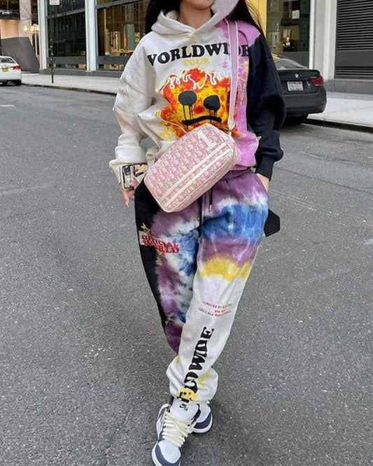 Velvet tie dye graphic print hoodie pants set