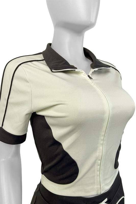 Zip up fitted shirt and shorts set beige light brown