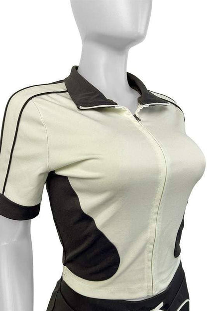 Zip up fitted shirt and shorts set beige light brown