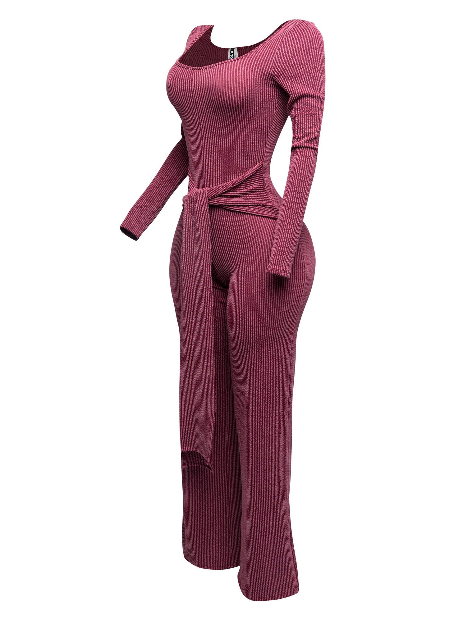 Plus Size Ribbed long sleeve jumpsuit with tie