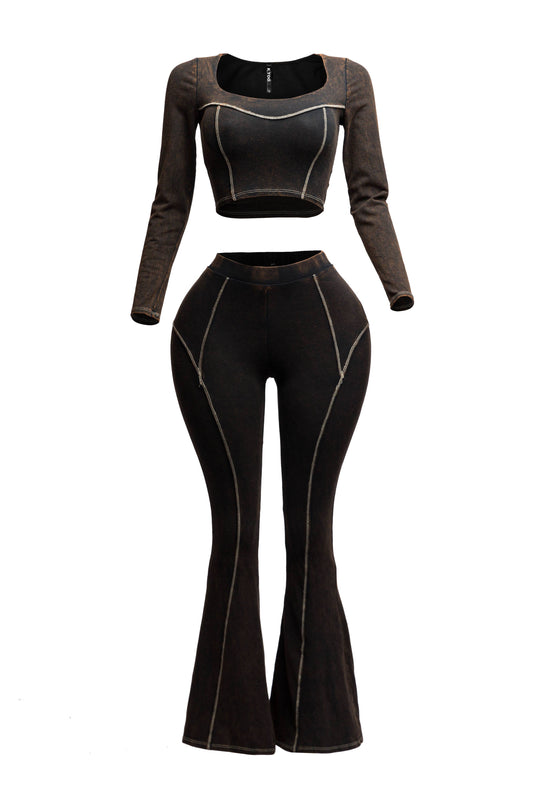 Mineral washed long sleeve crop top &  pants set