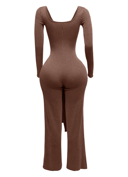 Plus Size Ribbed long sleeve jumpsuit with tie