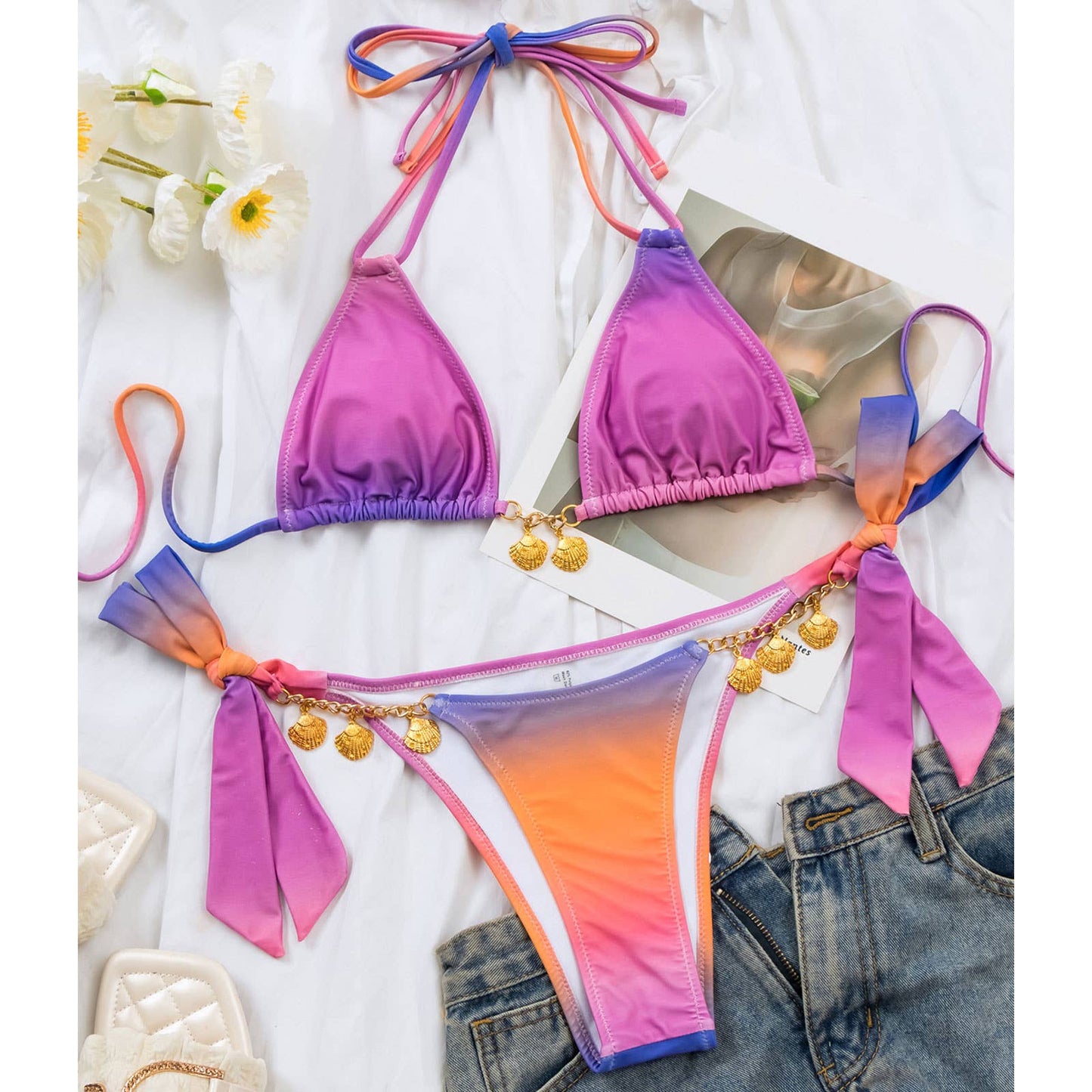 Gradient Bikini Set - Sexy Shell Detail Swimsuit_CWMW0716