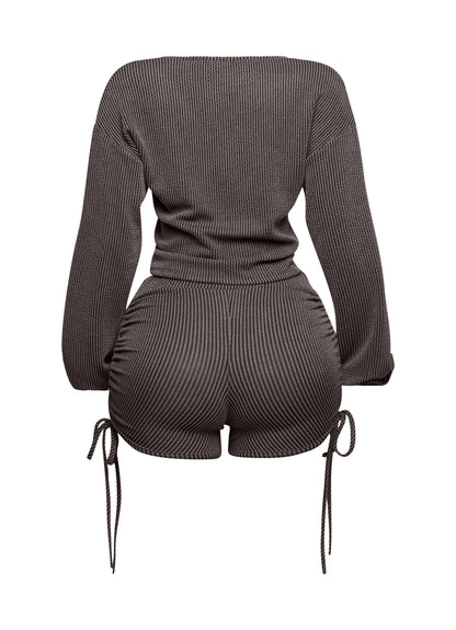 Ruched drawstring crop top & shorts set