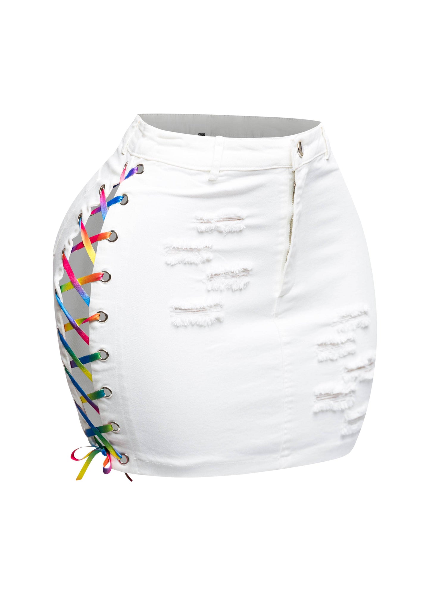 Distressed Denim Skirt With Rainbow Shoe Lace Up