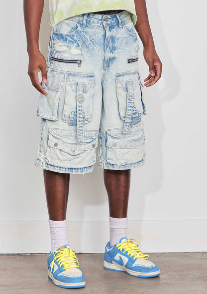 WASHED MULTI CARGO DENIM JORTS