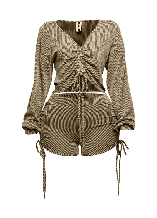 Ruched drawstring crop top & shorts set