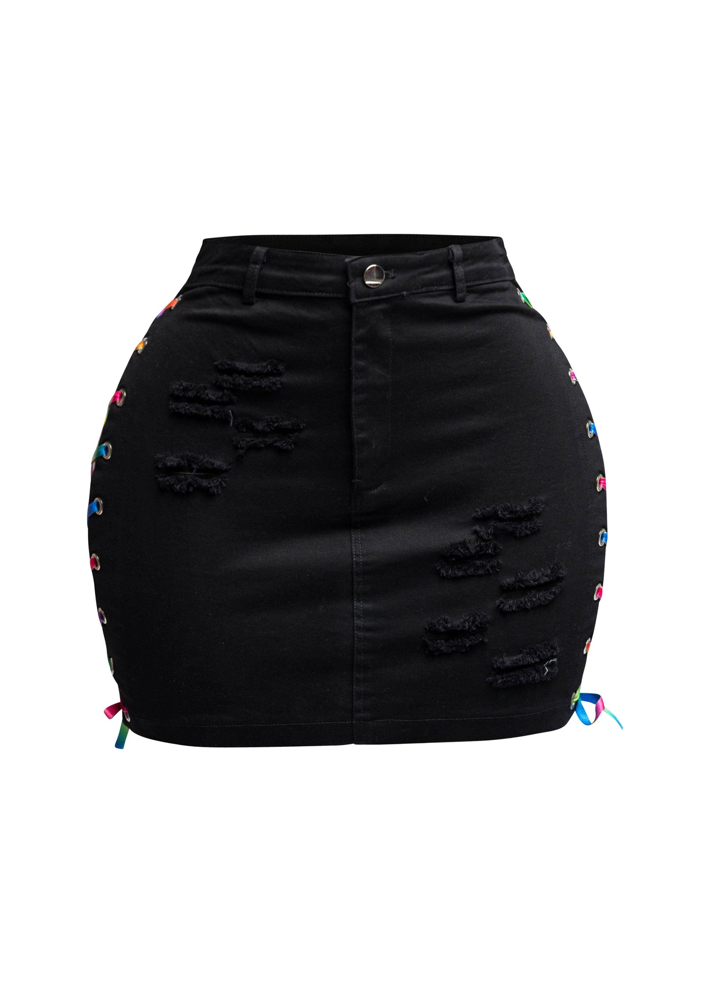 Distressed Denim Skirt With Rainbow Shoe Lace Up