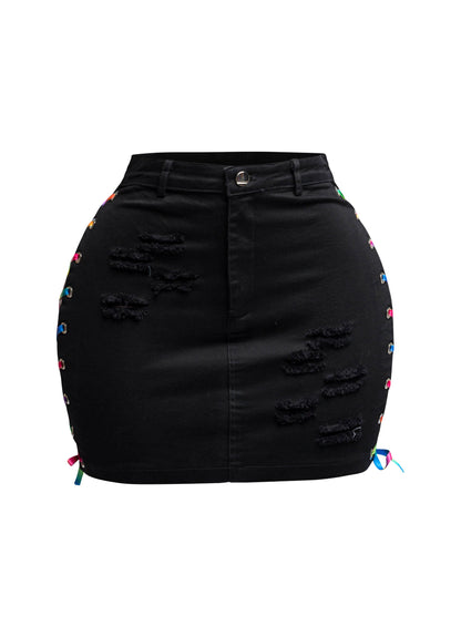 Distressed Denim Skirt With Rainbow Shoe Lace Up