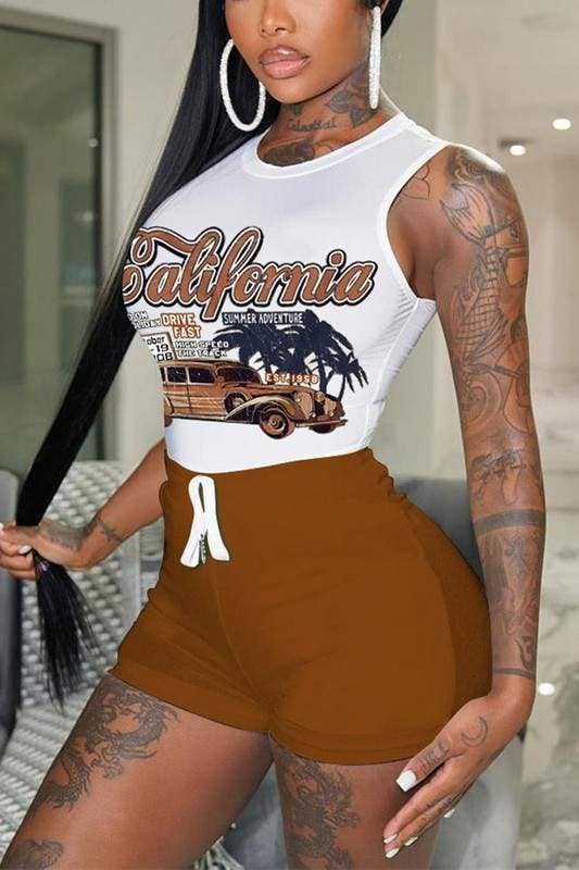 Graphic Tee and Shorts Set - Sleeveless Racer Car Design