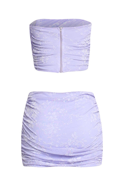 Lace layered zipper back top & mini skirt set