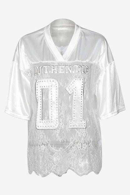 Rhinestone lace patchwork jersey