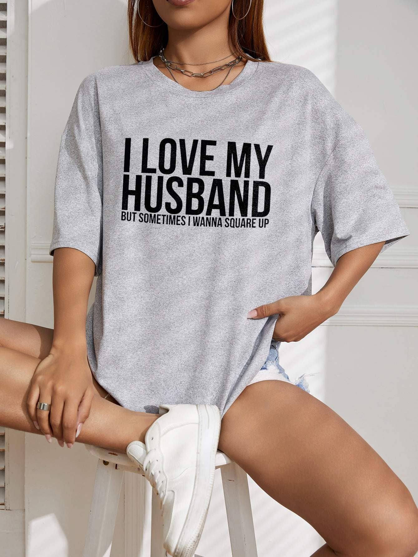 Ezwear slogan graphic drop shoulder tee I love my husband