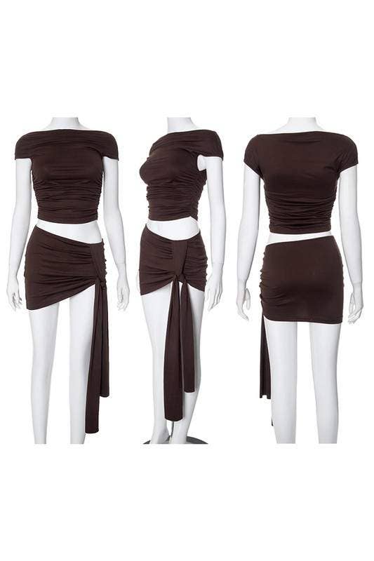 Ruched crop top and skirt set 3 piece