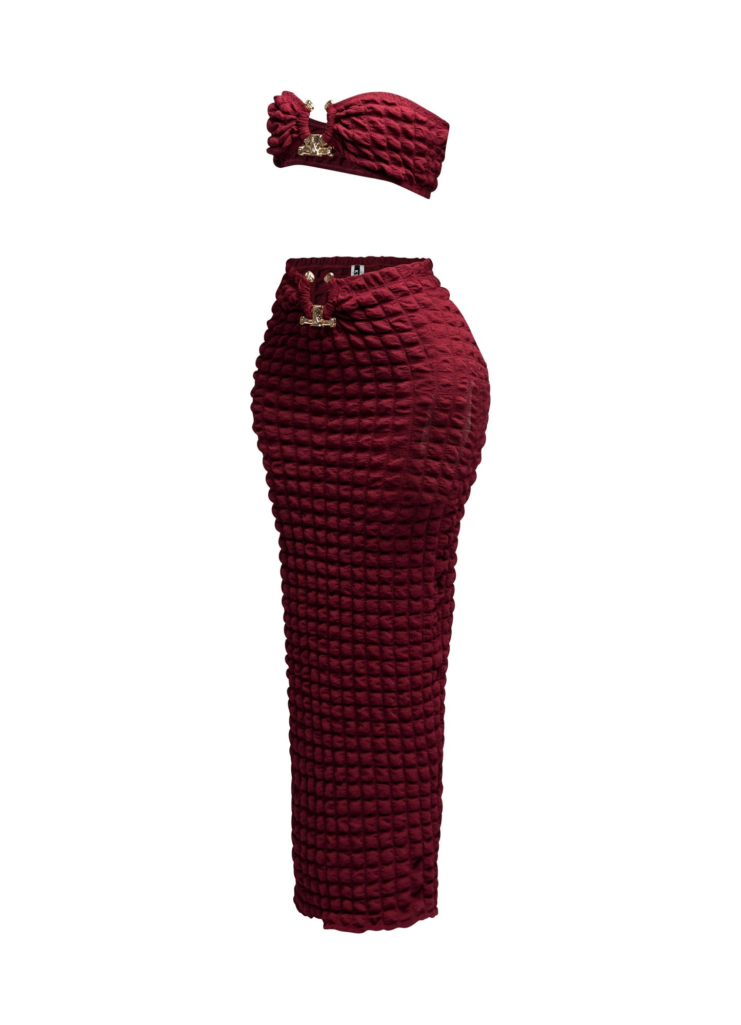 Popcorn gold trimmed bandeau top & skirt set: BURGUNDY