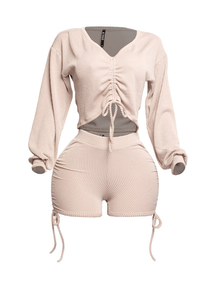 Ruched drawstring crop top & shorts set