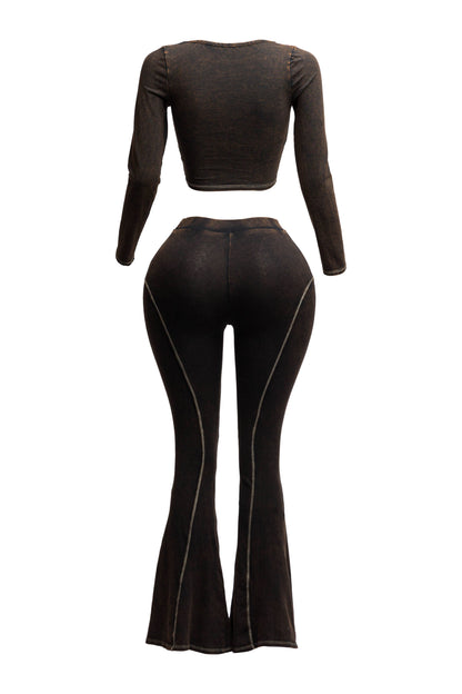 Mineral washed long sleeve crop top &  pants set