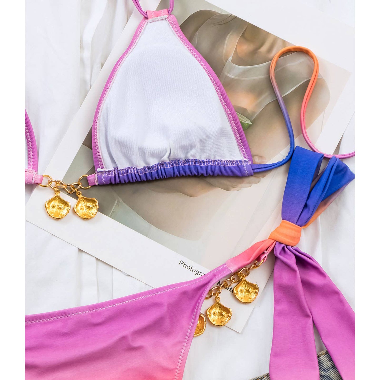 Gradient Bikini Set - Sexy Shell Detail Swimsuit_CWMW0716